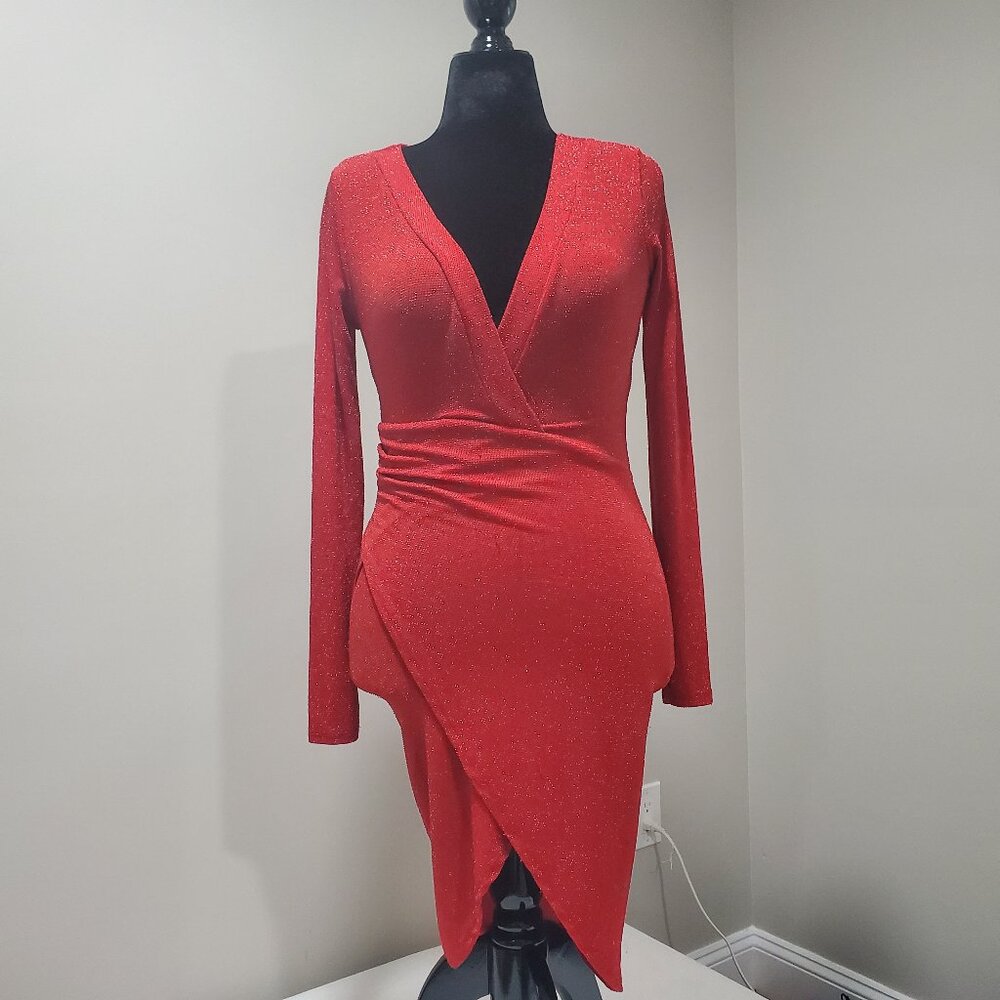 SYMPHONY RED GLITTER GLAMOROUS COCKTAIL WRAP DRESS SIZE M